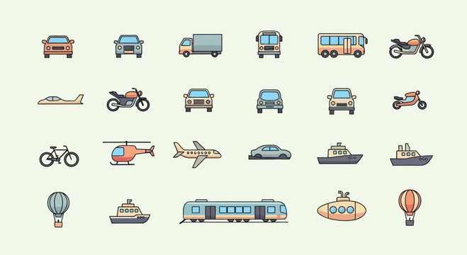 Pixel Art Transportation Icons: Cars, Planes, Bikes, Boats, Trains, and More