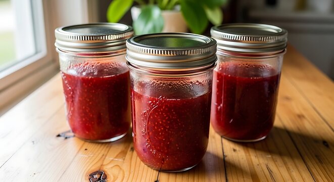 Three glass jars of homemade strawberry jam on a wooden table near a window