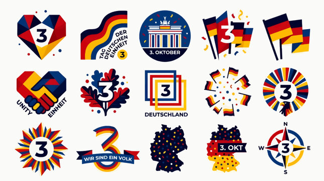 German Unity Day Collage: Flat Design Vector Illustrations Celebrating October 3rd with Flags, Heart, Brandenburg Gate, Map, Compass, and Unity Symbol