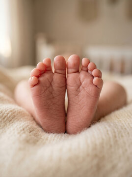 Cute tiny newborn baby feet close up photography on white blanket