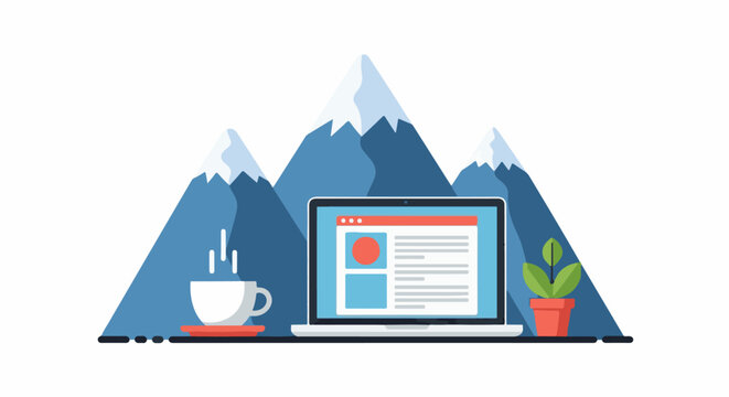 Laptop, coffee, plant, and mountains illustration