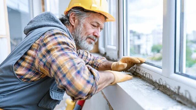 Window Installation in Progress: An experienced construction worker, wearing a yellow hard hat and work clothes, carefully installs a new window, focused on the task of sealing and fitting the frame.