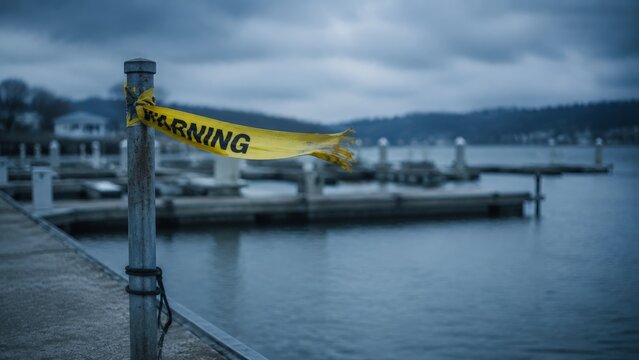 Bright yellow caution tape is wrapped around a black iron railing at a marina, demarcating the edge of a harbor walkway overlooking docked boats and water