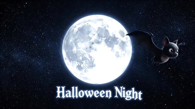 A cute bat flies past a bright full moon in the dark starry sky on halloween night.