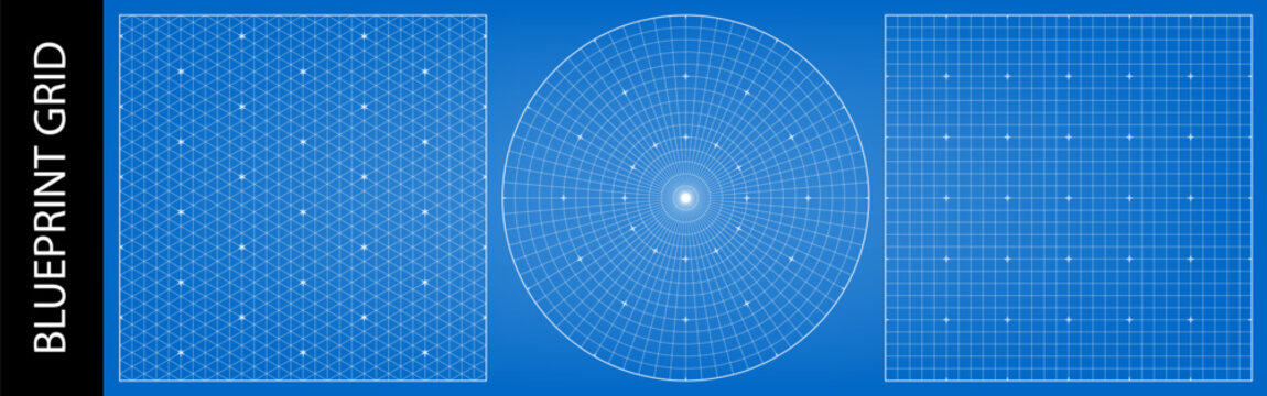 Graph paper square pattern, circular compass grid and isometric drawing bg. Ruler guides for vector radar graph, math layout texture. Blue radial architectural protractor and angle plan print overlay