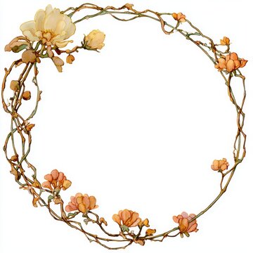 Art nouveau style round floral wreath frame illustration isolated on clean white background, beautiful watercolor yellow rose and vine circle border design element for wedding invitations
