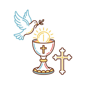 Religious symbols of first holy communion on white background