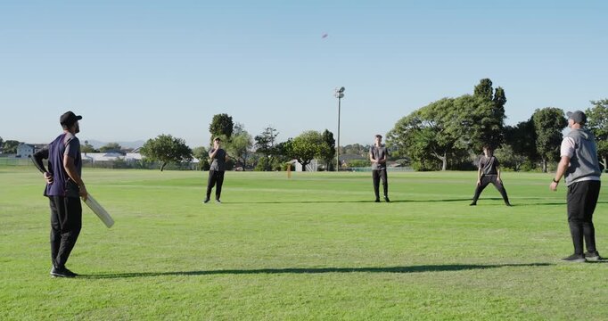 Group of five male athletes tossing cricket bat on park field, lunging and catching, gloves
