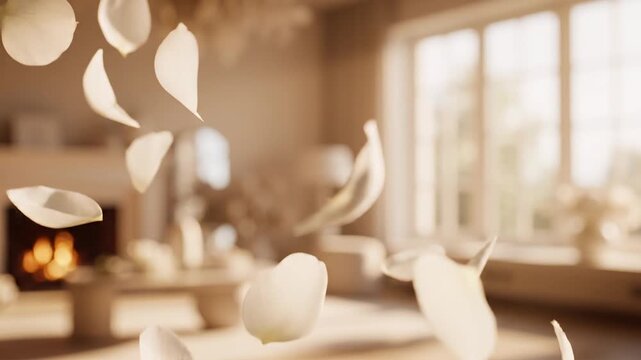Soft white flower petals gently falling in a luxurious, sunlit living room