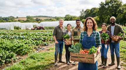Obraz premium Diverse agricultural professionals standing together on organic farm, led by confident female farm manager holding fresh vegetables, with farmers and specialists in sustainable farming environment.