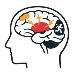 Obraz premium Flat Neurological Disorder and Brain Pain Icon with Head Silhouette, Migraine Attack, Neural Activity and Cognitive Function Concept