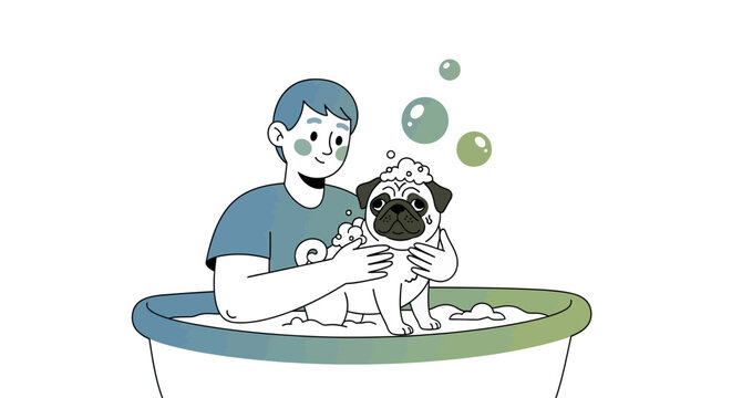 Person bathing a cute pug dog in a tub