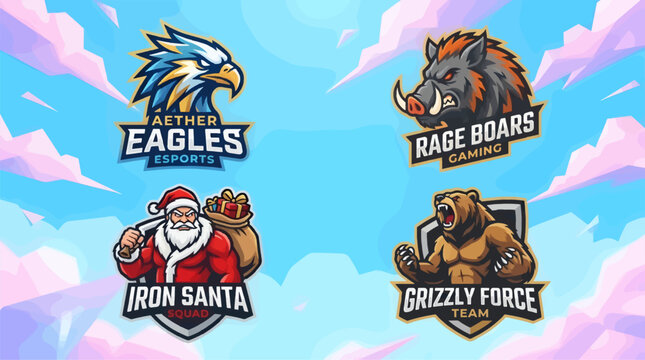 Four Fierce Esports Mascot Logos: Eagle, Boar, Santa, and Bear, Vector Graphics for Gaming Teams and Brands, Dynamic Illustration Style