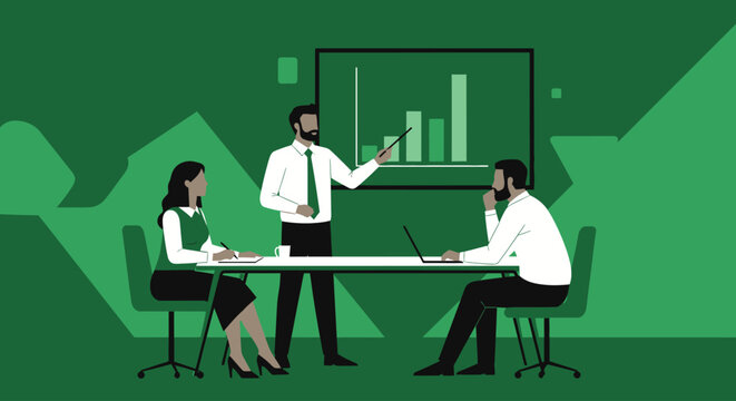 Professional team meeting with data presentation in green office