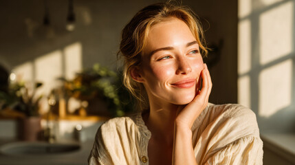 Obraz premium Woman with a light smile sits by a window with warm light in a cozy room during the afternoon