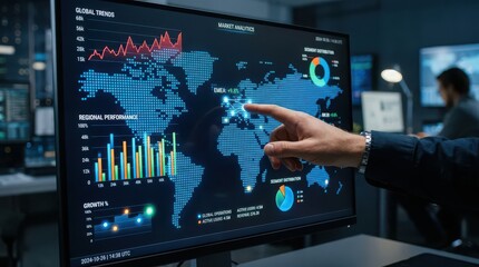 Fototapeta premium Business professional analyzing global market trends on a computer screen