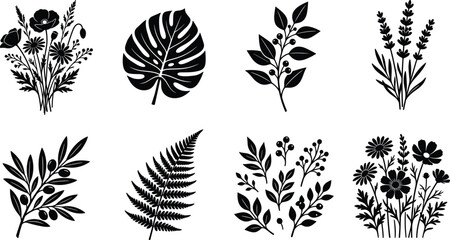 Botanical silhouette illustrations featuring monstera, fern, lavender, olive branch, wildflowers, oak leaves, and berry clusters © Niheranjan