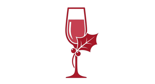 Red wine glass with holly leaf.