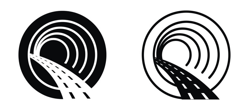 Abstract tunnel road icon featuring circular path graphic and futuristic journey symbol in modern vector art style. Tunnel Icons: Set of two solid and outline illustrations of a tunnel entrance