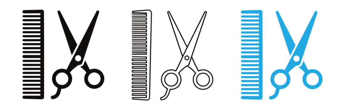 Scissors and combs for hair styling and grooming. Barbershop scissors and comb icon collection in crossed style for hair styling salon grooming and beauty service concepts.