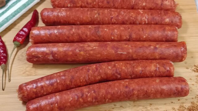 plusieurs merguez cru sur une planche &agrave; d&eacute;couper	