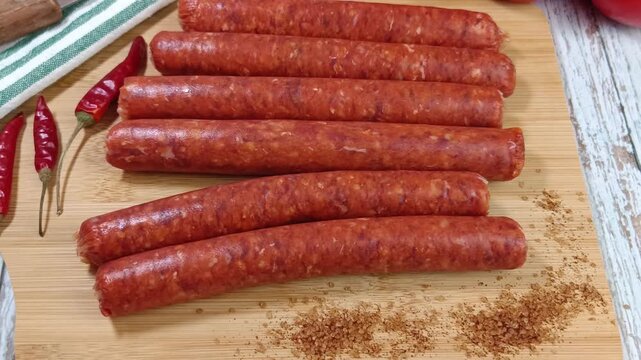 plusieurs merguez cru sur une planche &agrave; d&eacute;couper	