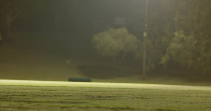 Diverse partners spotting delivery, defending and running, then exchanging gloves at night