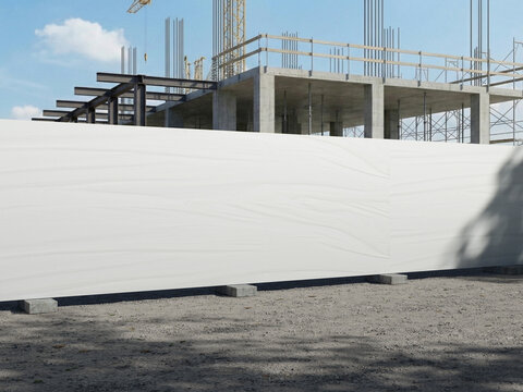 Blank White Advertising Hoarding Mockup on Construction Site 3D Rendering