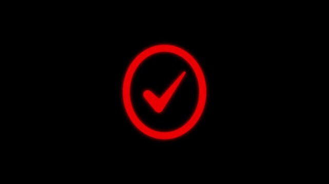 Red neon check mark icon animation glowing over black background with pulsating circle element