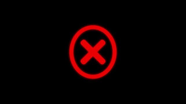 Red cross inside circle symbol of error or warning flashing on black background motion