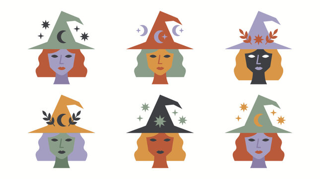 Flat vector illustrations of witch heads wearing magical hats decorated with crescent moons and celestial stars, symbolizing esoteric branding design and mystical halloween decorations