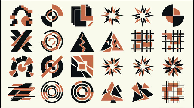 Set of abstract geometric shapes and brutalist graphic icons in black and terracotta on light background, representing modern branding identity symbolizing creative logo design
