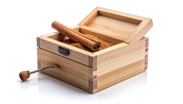 Wood box with open lid reveals ground cinnamon and sticks, with a side handle on a glossy white surface