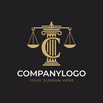 Law firm logo with justice scales and greek column.