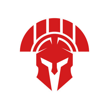 Minimalist red spartan helmet warrior mask logo icon.