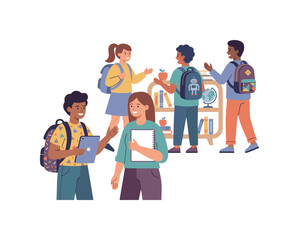 Fototapeta premium Diverse students, backpacks and books, smiling, learning, friendship, school Concept