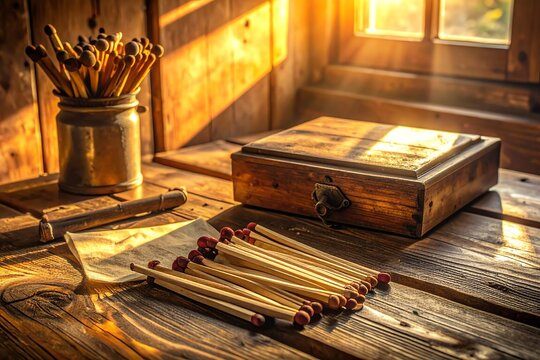 Wooden Matches and Vintage Matchbox in Golden Morning Light