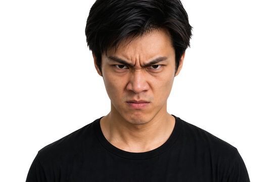 Portrait of Angry Young Asian Man Staring Intensely with Furious Expression Isolated on Transparent Background
