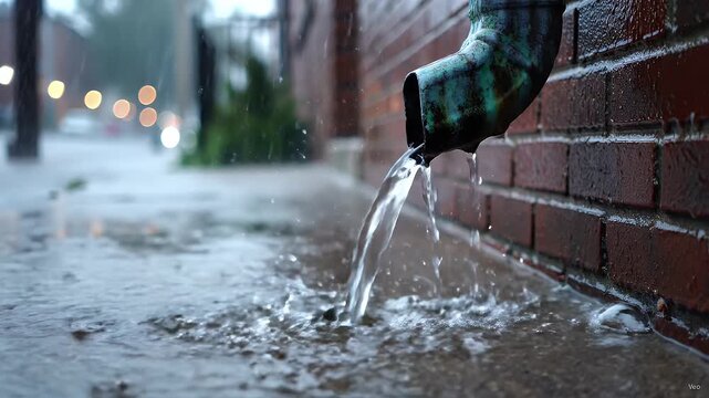 Heavy rain water flows from a metal downspout onto a wet concrete sidewalk pavement
