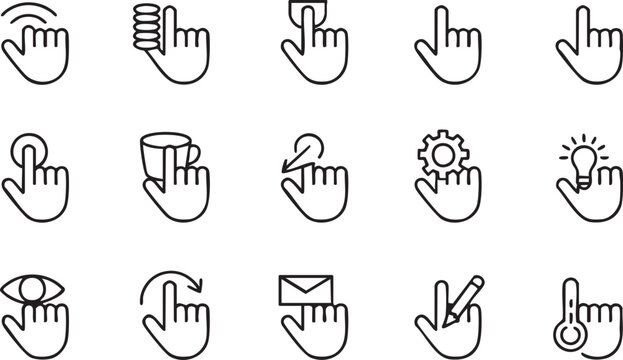 Black Outline Hand Gesture Icon Set with Touch Tap Click Swipe Lightbulb Gear and Digital Interface Symbols