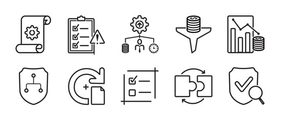 Fototapeta premium Project Management Advanced Vector Icons set. Minimalist Outline Style, clean, clear, flat of project management processes and controls.