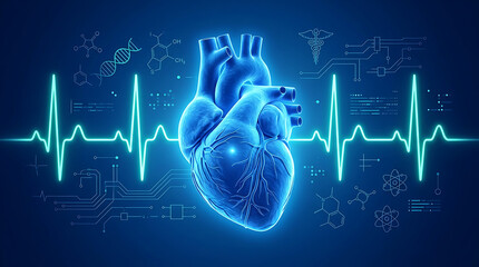 Obraz premium Glowing blue human heart with electrocardiogram and scientific diagrams