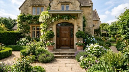 Naklejka premium Charming Stone Cottage with Lush Garden Entrance, English Countryside Facade
