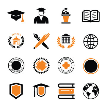 Higher education icons representing university campus life, graduation ceremony, academic research, library resources, student activities, and learning process in clean vector style