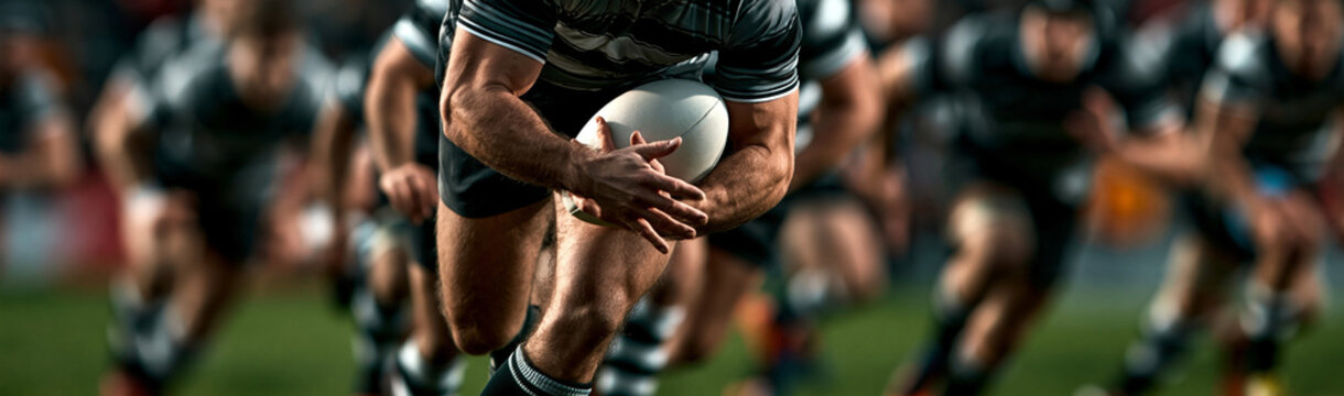 Rugby Player in Action: A determined rugby player clutches the ball, powering through a line of opponents on a grassy field, capturing the intensity and physicality of the sport.