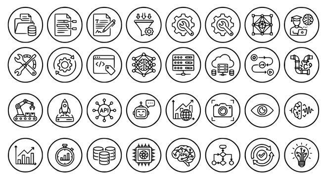 AI Training Pipeline Line Icons Pack Featuring Machine Learning Workflow Data Processing and Artificial Intelligence Elements