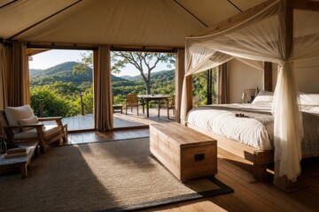 Obraz premium Safari tent suite interior with elegant canopy bed and wooden deck overlooking scenic green hills, peaceful eco lodge glamping experience