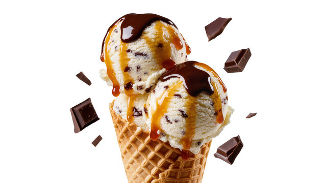 Vanilla ice cream scoops with chocolate chips caramel, and chocolate sauce in waffle cone with chocolate pieces