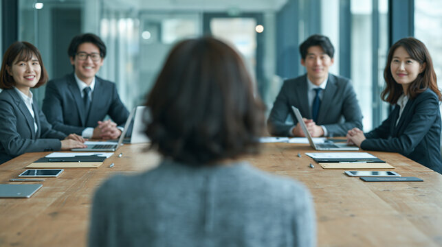Job Interview in Progress: A candidate faces a panel of smiling interviewers across a modern office table, fostering an atmosphere of professional engagement and potential opportunity.
