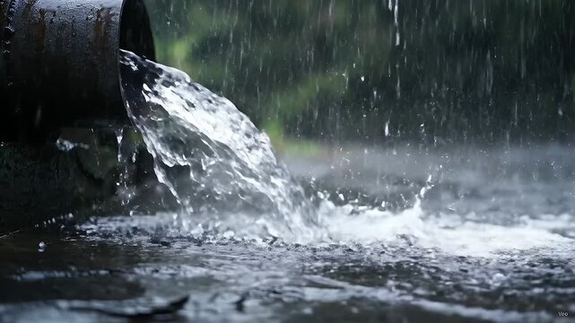 Clear water flows from a metal pipe into a puddle during a heavy rainstorm outside
